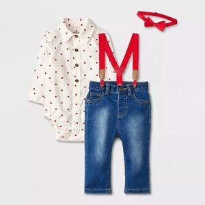 Cat & Jack Baby Boys 6-9M Heart Print Bodysuit Jeans Suspenders Bow Tie Set NWT